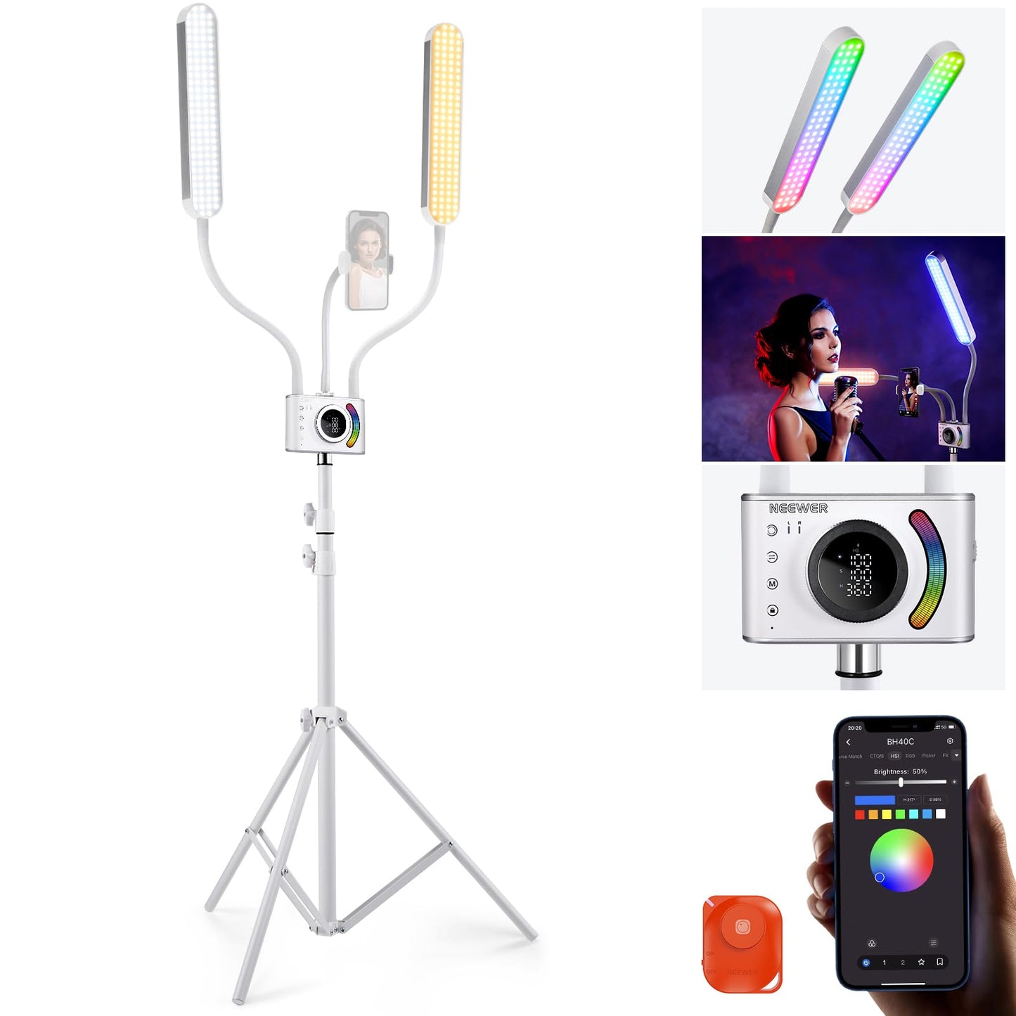 NEEWER RGB Beleuchtungsset für Kosmetiker, Handy APP Steuerung/Touchbar, separater Steuerung, Doppelarm LED Videolicht Telefonhalter/Ständer/Tasche, 2500K-10.000K, 18 Szenen für Tattoo Wimpern, BH40C