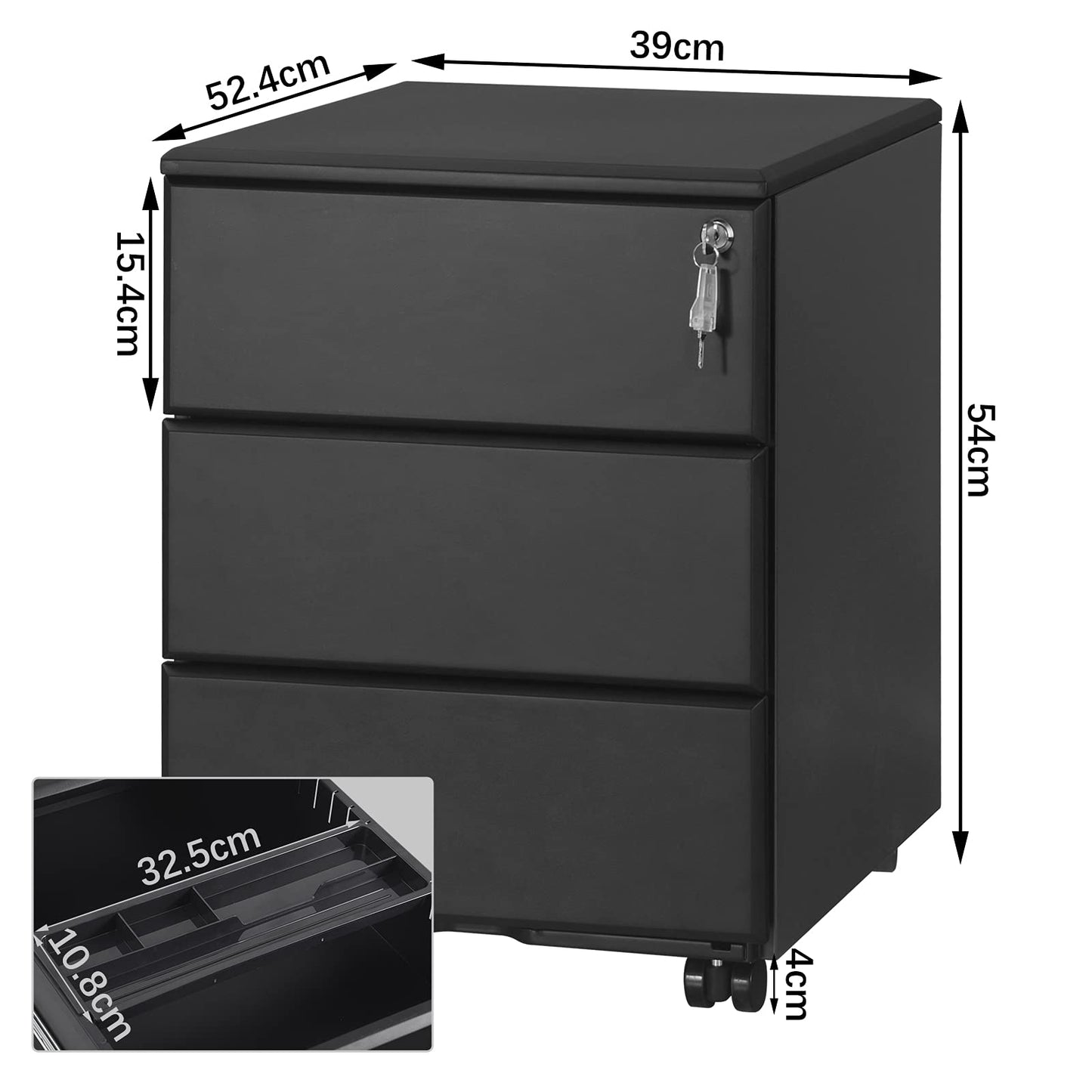 WOLTU Rollcontainer Metall, Mobiler Aktenschrank Büroschrank mit 3 Schubladen Bürocontainer, abschließbares und verstellbares Hängeregister, vormontiert, Büro, Home Office Schwarz SK024sz