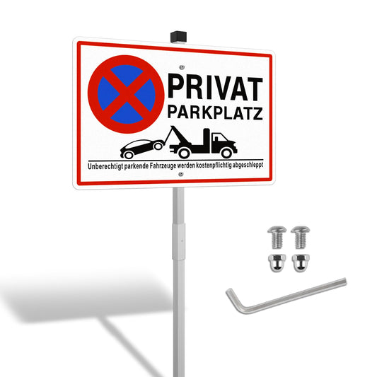 SINMAO Privatparkplatz Schild mit Pfosten Alu 300x200 mm mit Löchern für Zaun, Schild Privatparkplatz zum Aufstellen