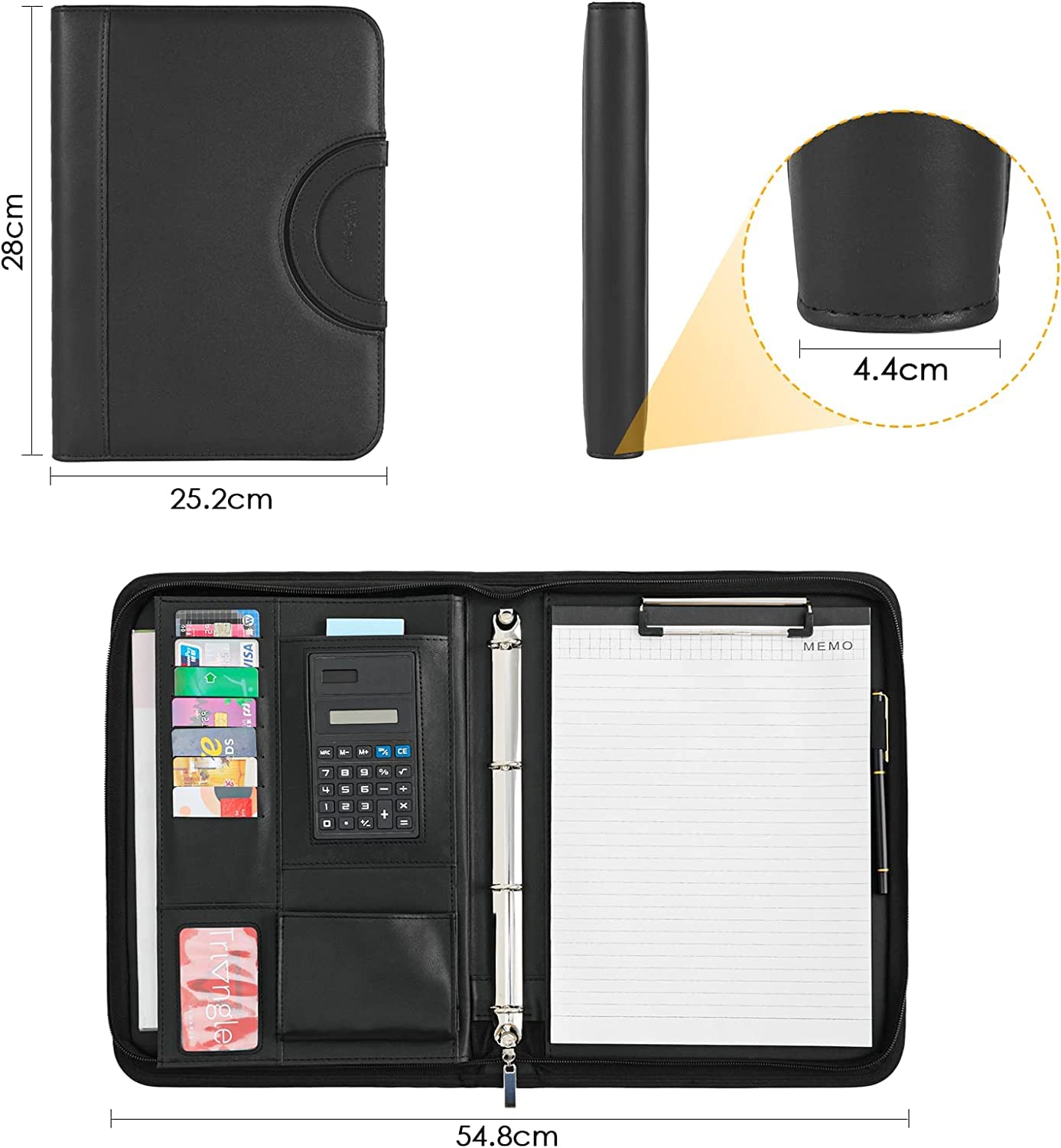 Schreibmappe A4, Konferenzmappe Leder, Dokumentenmappe mit Reißverschluss, Wasserdicht Aktenmappe mit Ringbuch Klemmbrett Notizblock, Portfolio Padfolio Mappe für Business Meeting, Schwarz