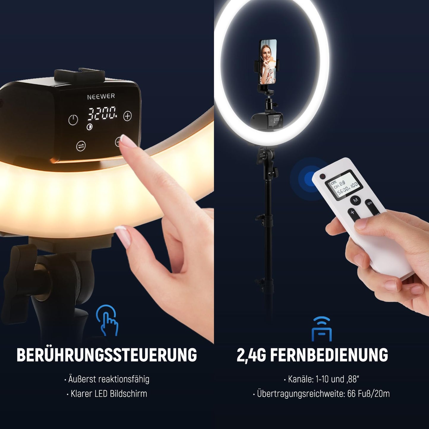 NEEWER Ringlicht SRP18-2,4G 18 Zoll LED mit Ständer und Telefonhalter, 2,4G & Manual Touch Control Professional Ringlicht, 42W 3200-5600K für Tattoo Wimpern Friseur Fotografie Beleuchtung,(Schwarz)