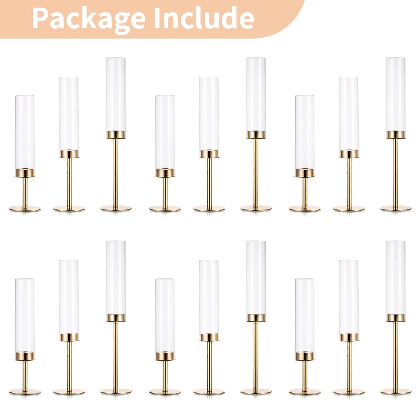 Nuptio Glaszylinder Kerzenständer Metall Gold - 18 Stücke Kegel Kerzenhalter Stabkerze Pack ür Kerzen, Klarglas Hurricane Schatten Spitze Kerzen Modern Hochzeit Weihnachten Tisch Abendessen Kamin