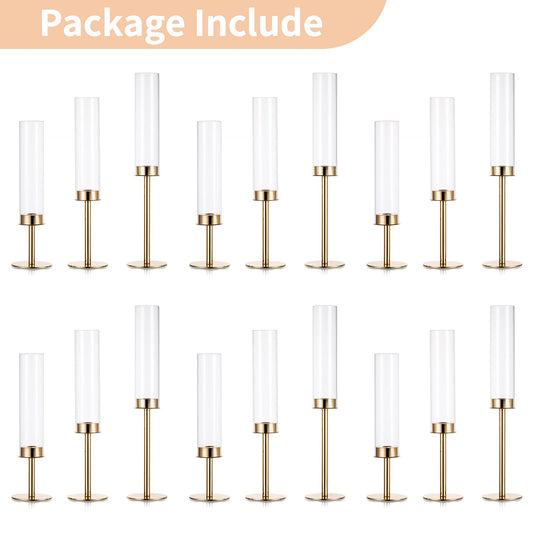 Nuptio Glaszylinder Kerzenständer Metall Gold - 18 Stücke Kegel Kerzenhalter Stabkerze Pack ür Kerzen, Klarglas Hurricane Schatten Spitze Kerzen Modern Hochzeit Weihnachten Tisch Abendessen Kamin