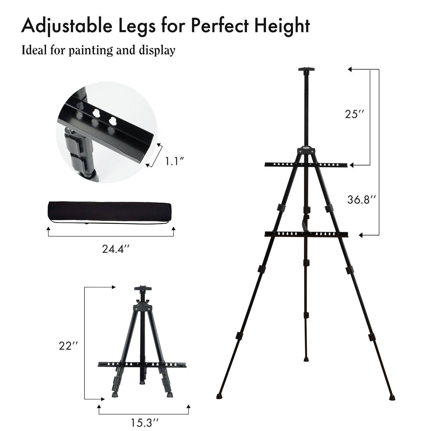 Artify Staffelei 66 Zoll, verstellbare Atelierstaffelei 22-66 Zoll(55-167cm), Stativ zum Malen und Plakatieren mit Tragetasche und Ersatzteilen,1 PACK, schwarz