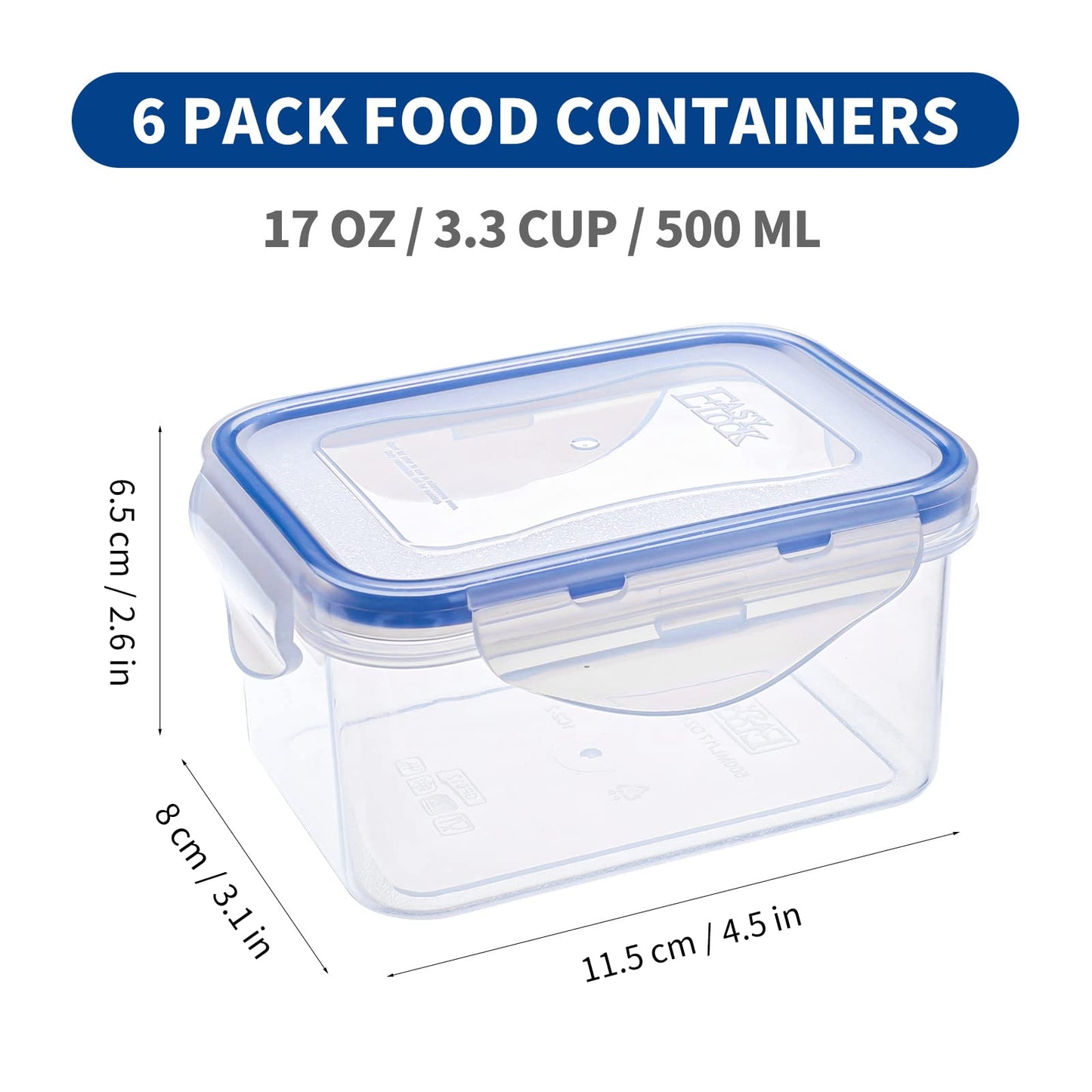 EASYLOCK 6er-Set 500ML Kunststoff Frischhaltedosen Mit Deckel Klein, Meal Prep Boxen, Rechteckig Aufbewahrungsbox Küche, Mikrowellengeschirr, Gefrierdosen 500 ml, Salat To Go Box