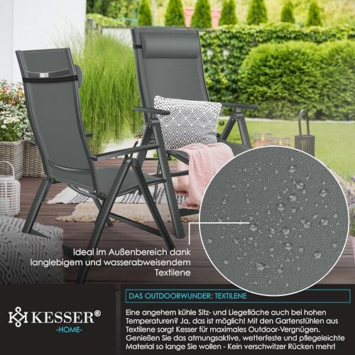 KESSER® Gartenstuhl Hochlehner mit Armlehnen Aluminium Klappstuhl mit Kopfkissen & Cover Campingstuhl 7-Fach Verstellbar Rückenlehne Atmungsaktiv & Wetterfest Klappbar & Anti-Rutsch Anthrazit