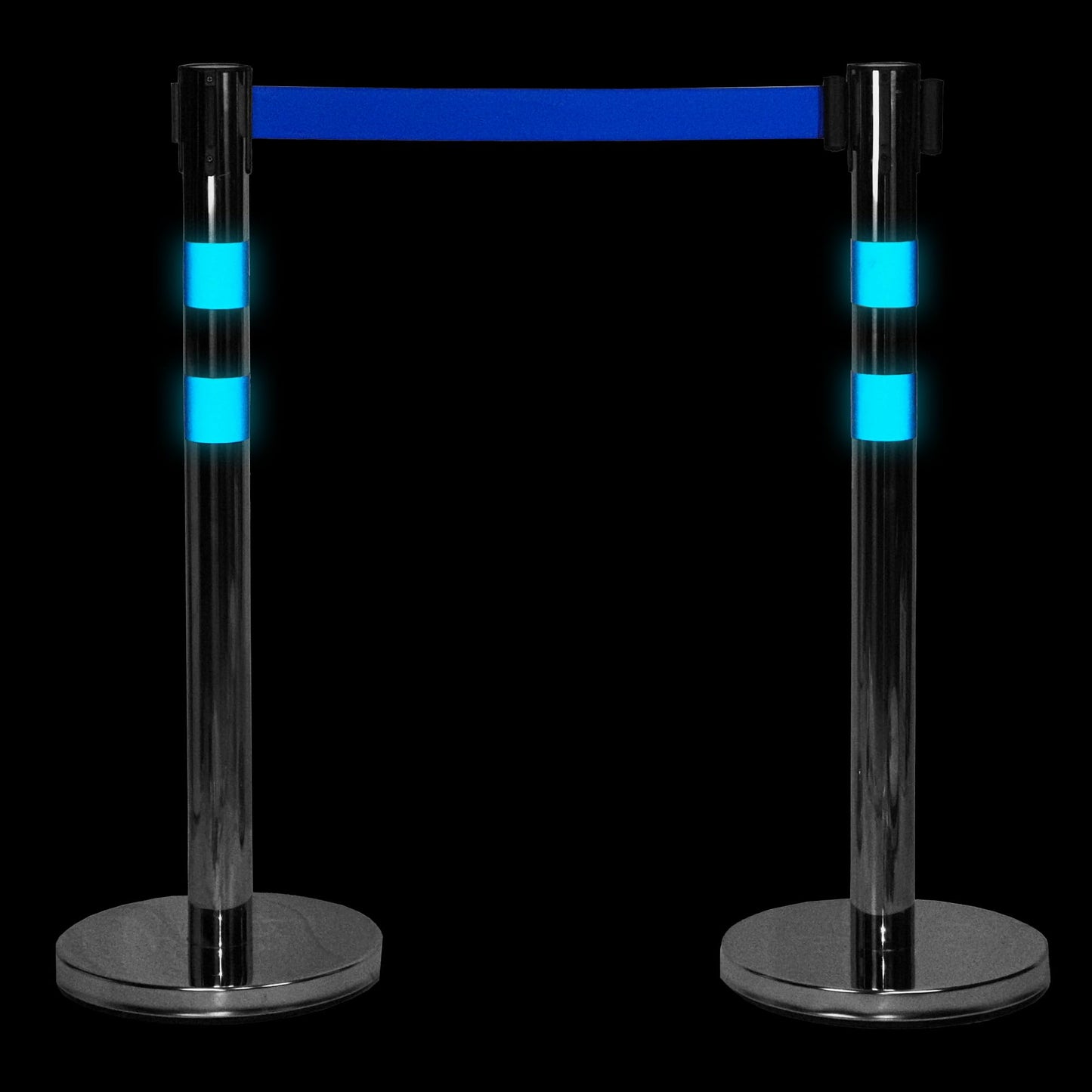 UvV BounceLine Personenleitsystem, Absperrpfosten, Edelstahl, 2 Pfosten 90 cm Hoch je 2 m Gewebeband (Stahl-6 kg (Basic), blau)