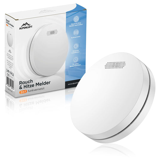 ALPENLUFT Rauchmelder Funk Vernetzt 10 Jahre Batterie, Rauchwarnmelder & Hitzemelder 2in1, Feuermelder, Brandmelder, Funkrauchmelder Vernetzbar | Ohne Bohren, Ohne LED Blinken