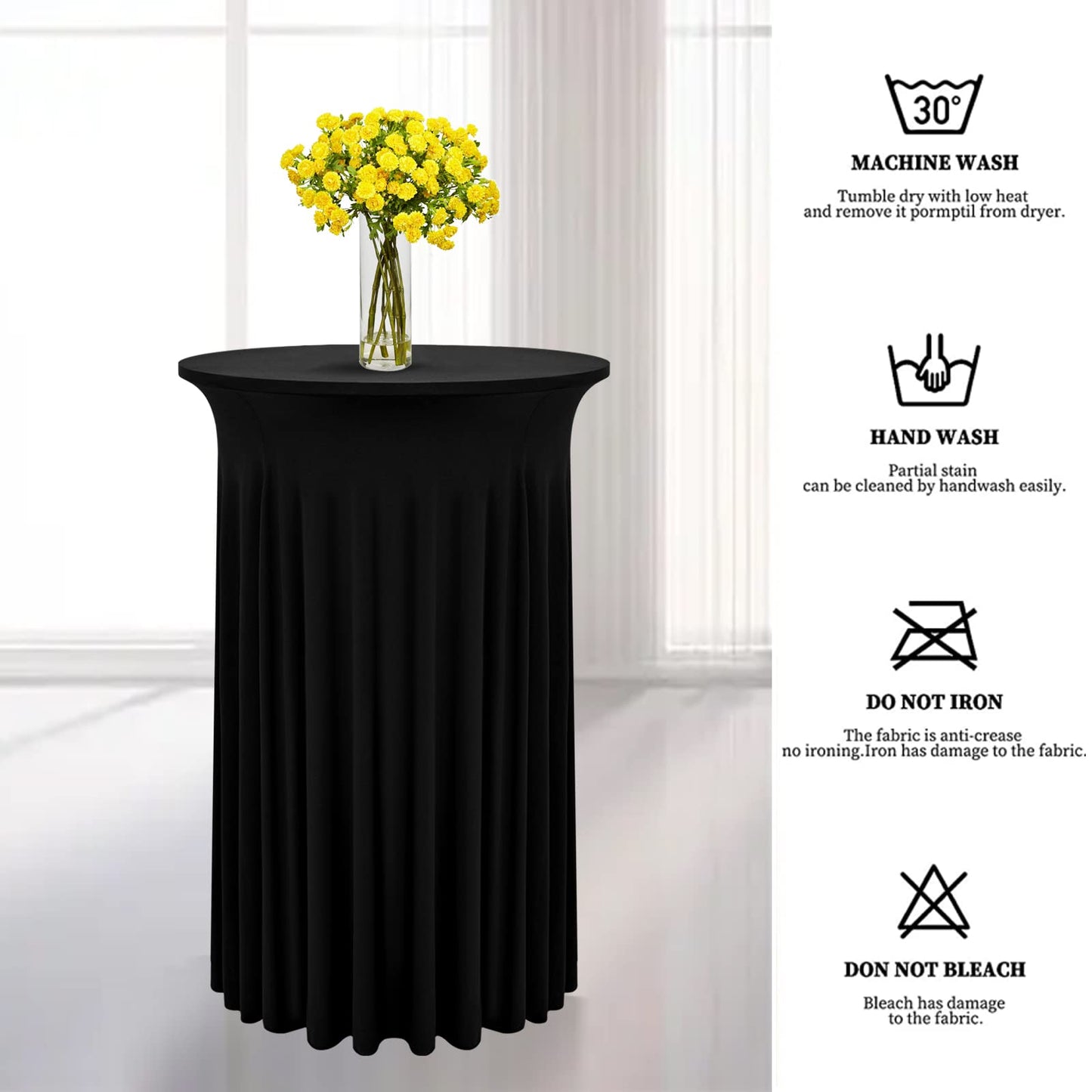 4er-Set Schwarz Stehtisch Hussen für Bistrotisch 60 x 110 cm Spandex-Stretch Tischdecke mit Rock, Runder Cocktail-Tischrocke für Hochzeit, Bar, Party, Geburtstag, Banketttisch