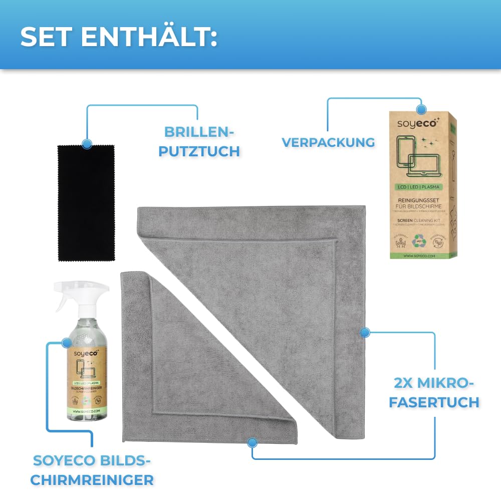 500ml Bildschirmreinigungsspray + 3X Mikrofasertuch: 40x40cm, 30x30cm, | Reinigungsflüssigkeit | Für Smartphone, Laptop, Tablet, TV, LCD/TFT, LED, OLED, Monitore, Uhren | Kein Verschmieren