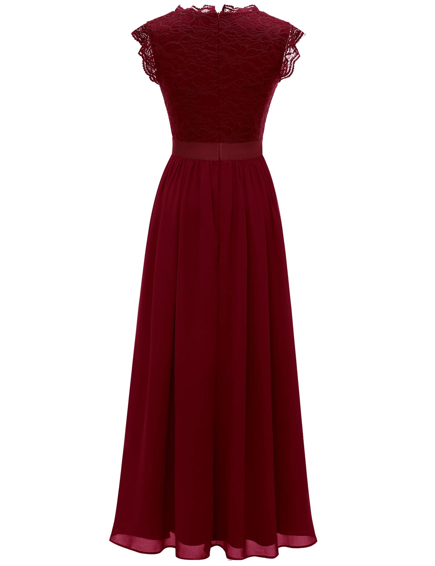 Dressystar Damen Lang Ballkleid Spitze Chiffon V Ausschnitt Maxilang Abendkleid Elegant für Hochzeit Cocktailkeider Dunkelrot M