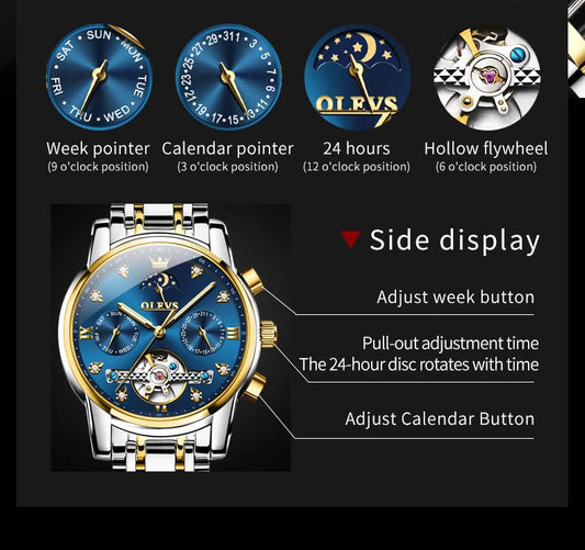 OLEVS Herrenuhren Automatik Mechanische Blau Armbanduhr mit Skelettiertem Tourbillon Kalender Wasserdicht Leuchtende Klassische Luxus Armbanduhren für Herren