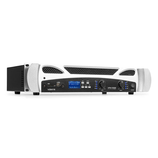 Vonyx VPA1000 PA Verstärker Endstufe 1000 Watt Leistungsverstärker 2x 500 W mit Bluetooth,MP3-Player, USB, SD, 19 Zoll Rack, 2U, RCA Cinch IN, NL2 Out, 6,3mm Klinke IN-OUT, VU-Meter - Schwarzweiß