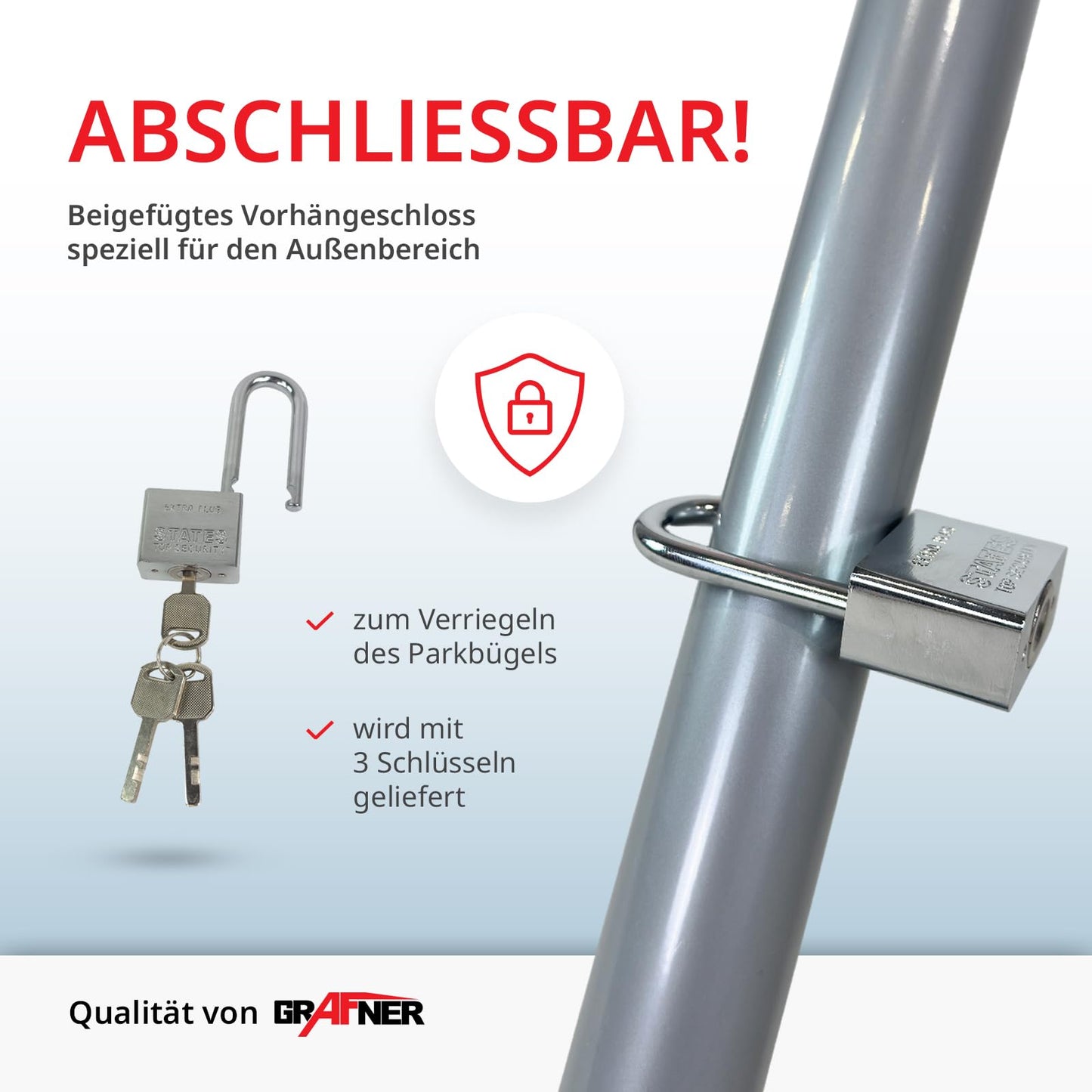 Grafner Parkplatzsperre klappbar mit Schloss und 3 Schlüssel, stabiles Stahlrohr mit Pulverbeschichtung, Parkplatzbügel Parkplatzblockierer Parkpfosten Sperrpfosten Parkbügel Poller Absperrpfosten