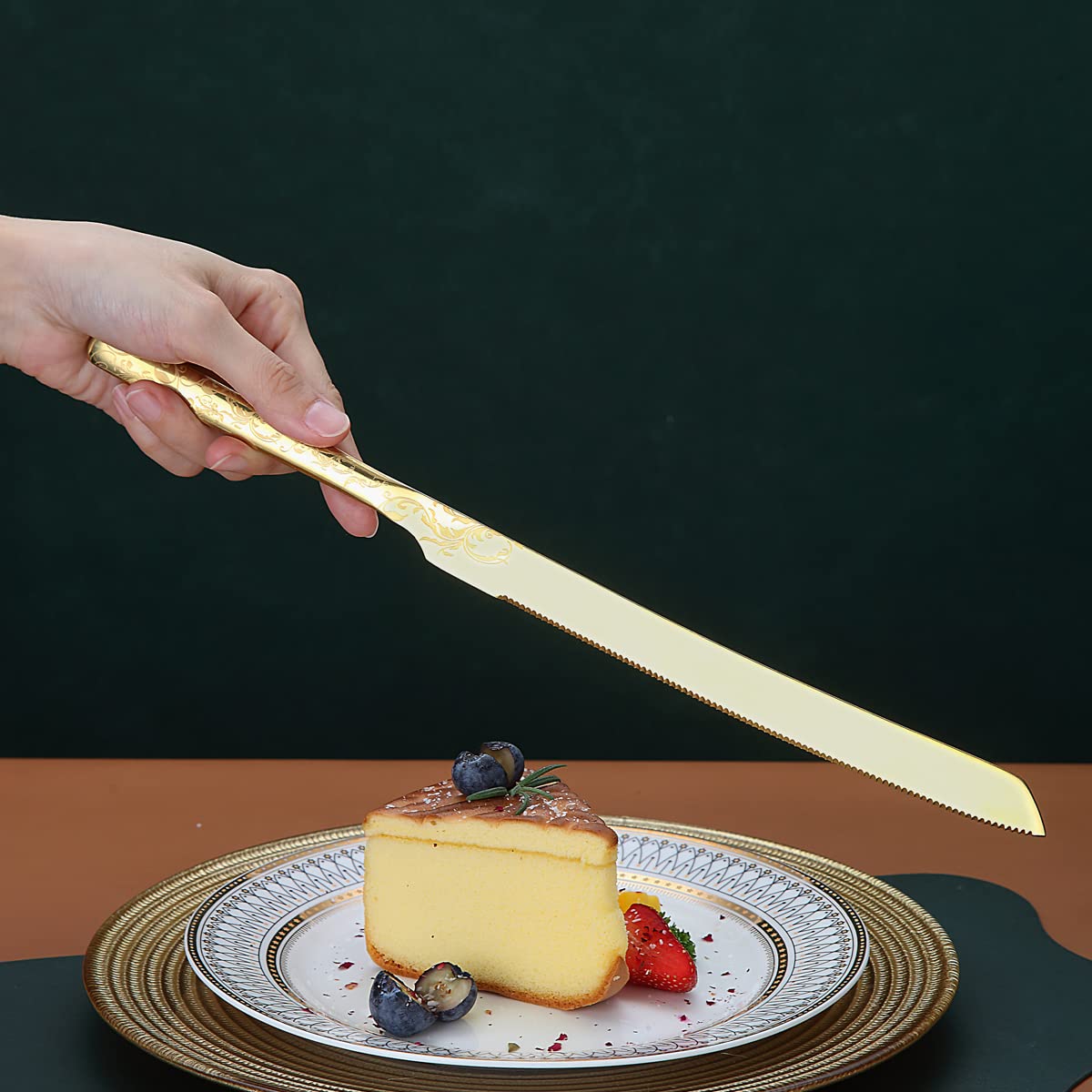 Berglander Gold Hochzeitstorte Messer und Servierset, Titan Vergoldung mit einzigartigem Muster Design Tortenmesser Servierset Perfekt für Hochzeit, Geburtstag, Partys