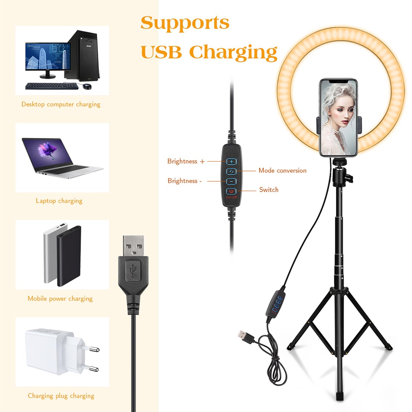 AIXPI 10 Zoll LED Ringlicht mit 59 Zoll Stativständer & Handyhalter, Dimmbare Tischringlicht für YouTube-Videoaufnahmen, Selfie, Live-Stream, Makeup/Fotografie Kompatibel mit Smartphone, USB