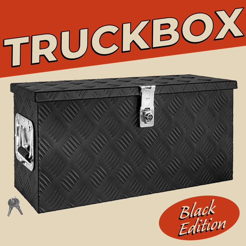 trucky Deichselbox Schwarz Werkzeugkasten Truckbox Alu Box Anhänger Kiste mit Deckel Abschließbar Alubox Transportbox Werkzeugbox Aluminium Aufbewahrungsbox