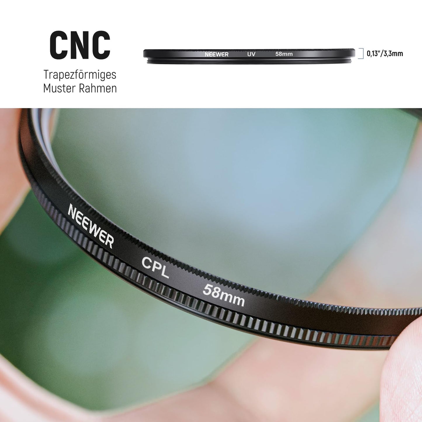 NEEWER 58mm Objektiv Filter Set: UV, CPL, FLD, ND2, ND4, ND8, Gegenlichtblende und Objektivdeckel Kompatibel mit Canon Nikon Sony Panasonic DSLR Kameras mit 58mm Objektiv