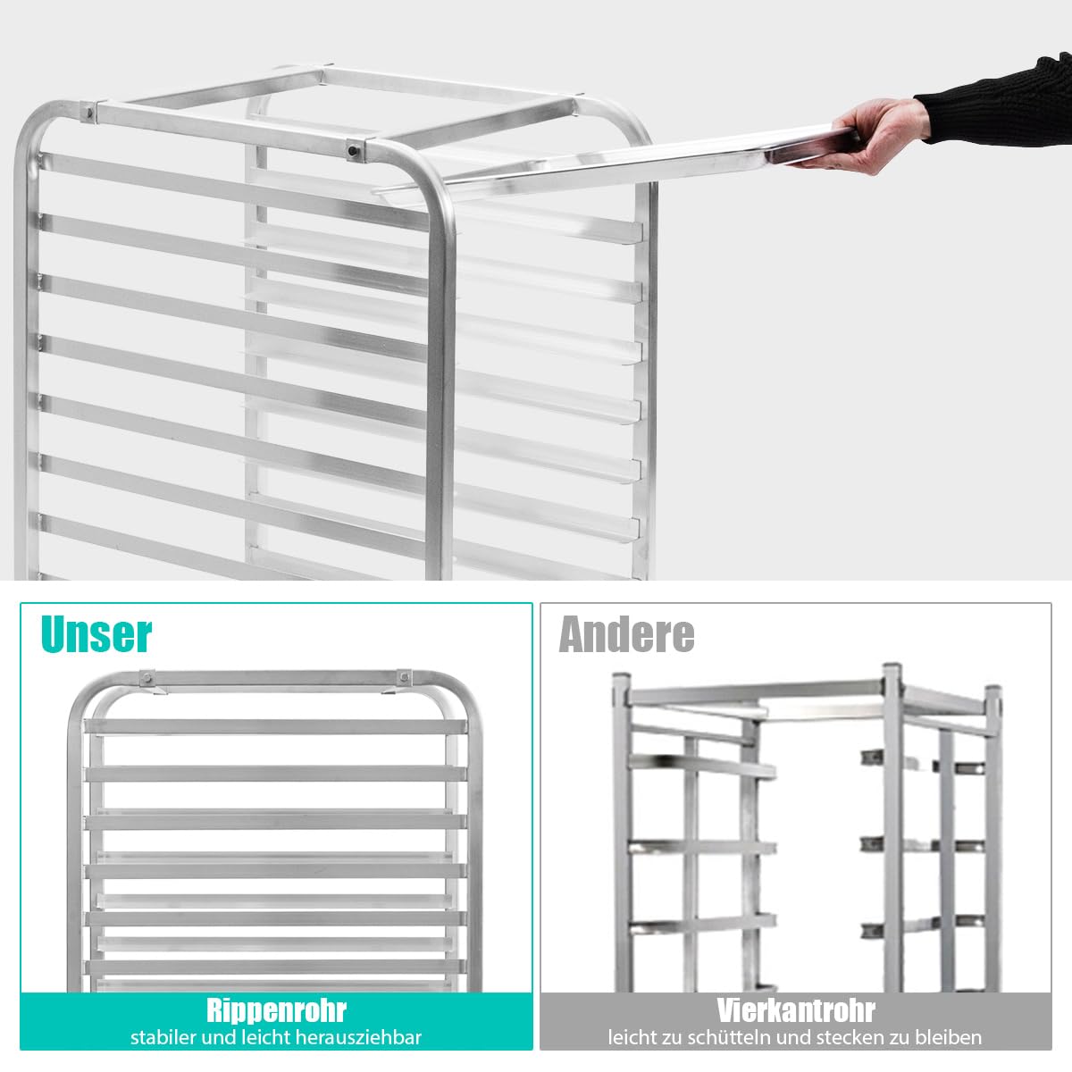 COSTWAY Tablettwagen für 10 Tabletts, Regalwagen Servierwagen Aluminium, bis 15 kg pro Blech, Abräumwagen auf Rollen mit Bremse, Transportwagen Stikkenwagen, Rollwagen Küchenwagen, Silber