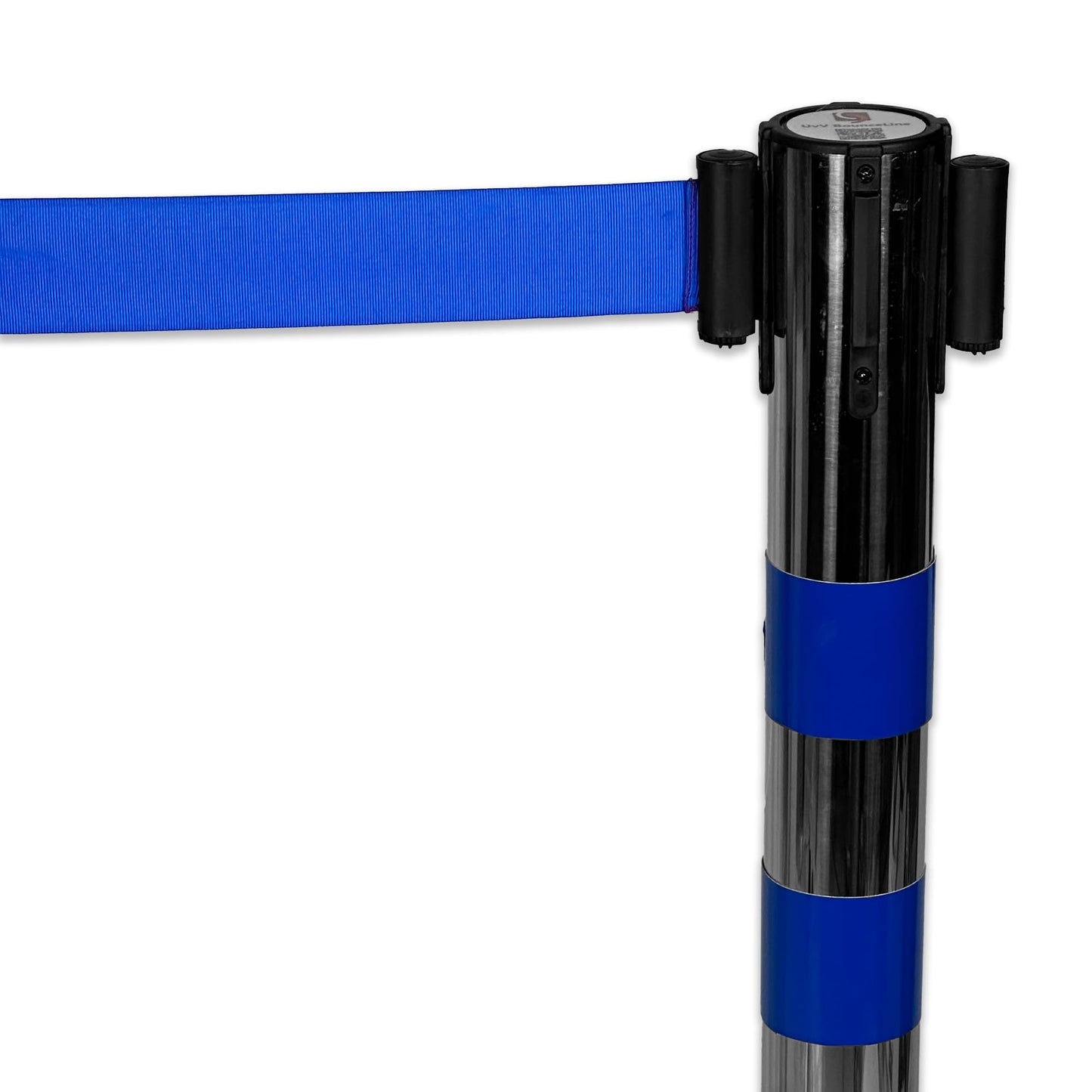 UvV BounceLine Personenleitsystem, Absperrpfosten, Edelstahl, 2 Pfosten 90 cm Hoch je 2 m Gewebeband (Stahl-6 kg (Basic), blau)