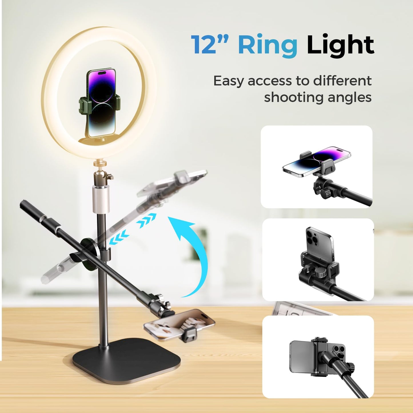 UBeesize 12 Zoll LED Ringlicht mit Stativ Handy, Overhead Stativ Handy mit Ringlicht, Dimmbare LED Tischringlicht für YouTube-Videoaufnahmen, Selfie, Makeup, Tik Tok, Fotografie Kompatibel mit Smartph