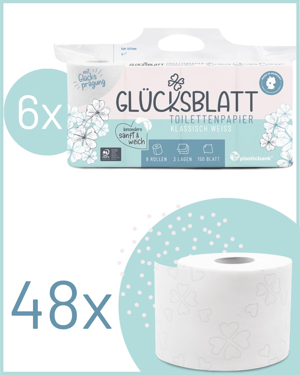 Glücksblatt Toilettenpapier KLASSISCH WEISS, 3-lagig, 48 Rollen x 150 Blatt, 100% Zellstoff, weiches Klopapier mit Glücks-Prägung, WC Papier, ideal für Camping, Verpackung aus mind. 30% PCR-Anteil