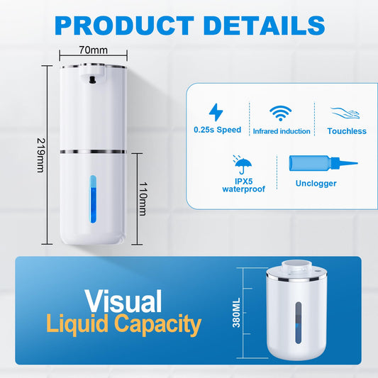 Seifenspender Automatisch,Wandbefestigung Berührungslos 380ml Elektrischer Seifenspender mit Sensor,USB Wiederaufladbar Schaumseifenspender für Bad,Küche,Büro