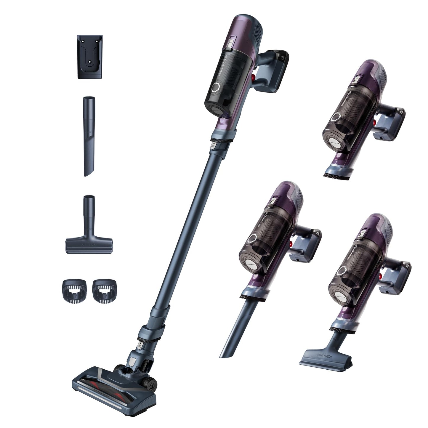 Rowenta X-Pert 6.60 Essential Akkustaubsauger, 100 W Leistung, 45 Min Laufzeit, kabellos & beutellos, LED-Bürstenkopf, herausnehmbarer Akku, inkl. Fugendüse und Wandhalterung, violett/schwarz, RH6838