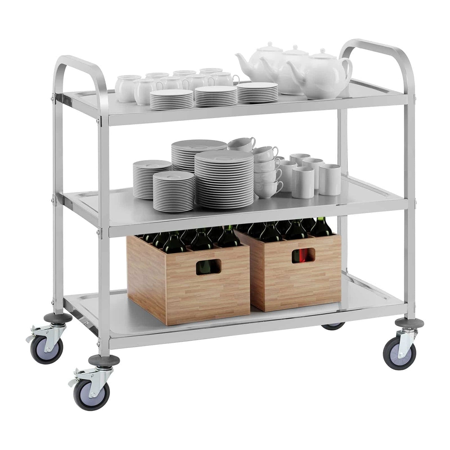 Royal Catering RCSW 3A Servierwagen Küchenwagen (3 Etagen, Tragfähigkeit 150 kg, Tablettabstand 28,3 cm, Rammschutz, vibrationsarme Schwenkrollen) Edelstahl