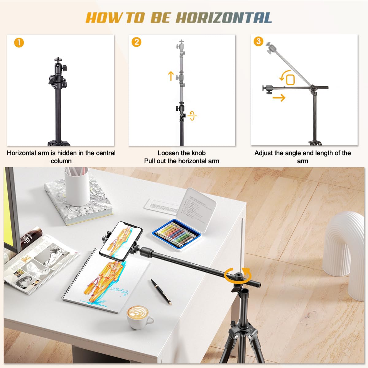 Handy Stativ, 167 cm Horizontal iPhone Stativ mit 360° Verstellbarem Kugelkopf und Fernbedienung für Kamera/iPhone/Webcam, Stativ für Videoaufnahmen mit Verlängertem Arm/Cliphalterung (Black)