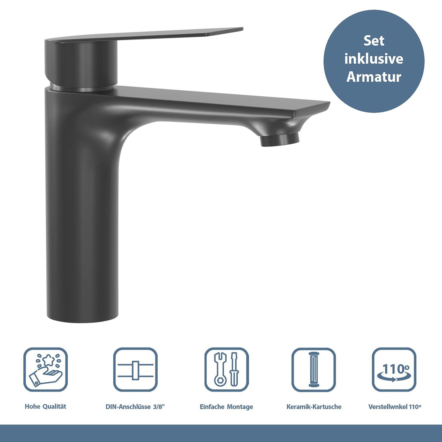 Planetmöbel Waschtischunterschrank mit Keramikwaschbecken 40cm in Gold Eiche mit Armatur in Schwarz matt, Badmöbelset für Badezimmer, Gäste WC