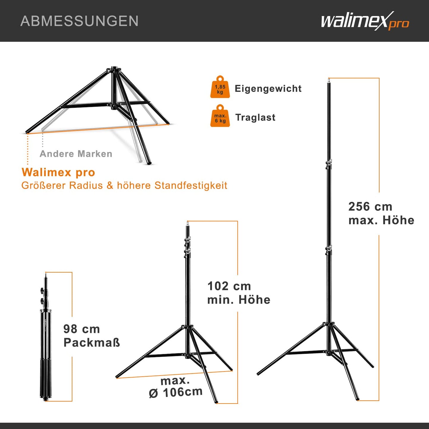 Walimex pro Lichtstativ WT-806 mit Federdämpfung I Höhe max. 256cm, sehr stabiles Lampenstativ belastbar bis 6kg, Beleuchtungsstativ für Ringlicht, Reflektor, Blitz & Video, inkl 3/8" Adapter & Tasche