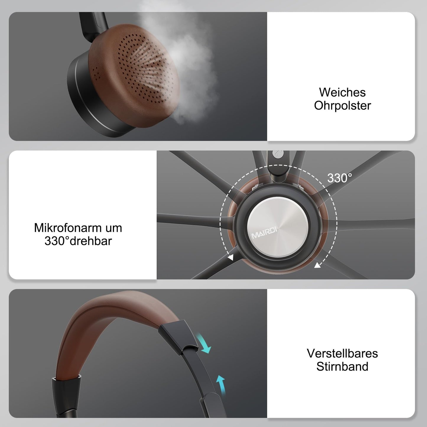 Mairdi Wireless Headset mit Mikrofon Noise Canceling, Mono Bluetooth Headset mit Ladestation, mit USB Bluetooth Adapter für Handy PC Call-Center Büro Zoom Microsoft Team Skype Chat