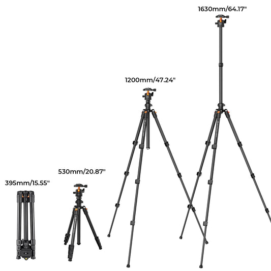 K&F Concept K234A0 Kamera Stativ mit Auslegearm,163cm Handy Stativ, Tripod für unterwegs, Stativ für Smartphone mit Handyhalterung, Aluminium Reisestativ mit BH-28L Kugelkopf