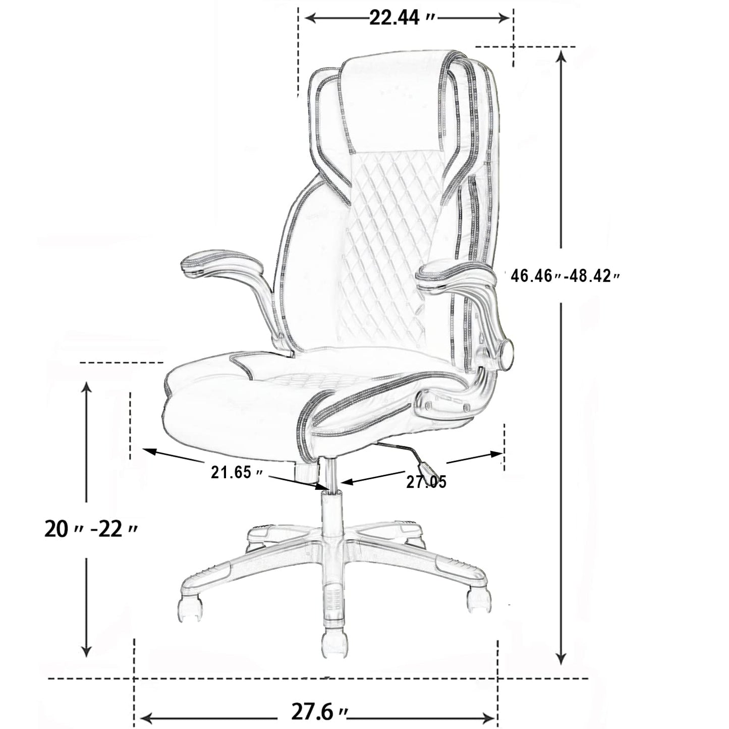KCREAM Bürostuhl Computer hohe Rückenlehne verstellbare Flip-up-Armlehnen Ergonomischer Schreibtischstuhl Executive Diamond-Stitched PU Leder Swivel Task Chair mit Armlehnen Lendenwirbelstütze