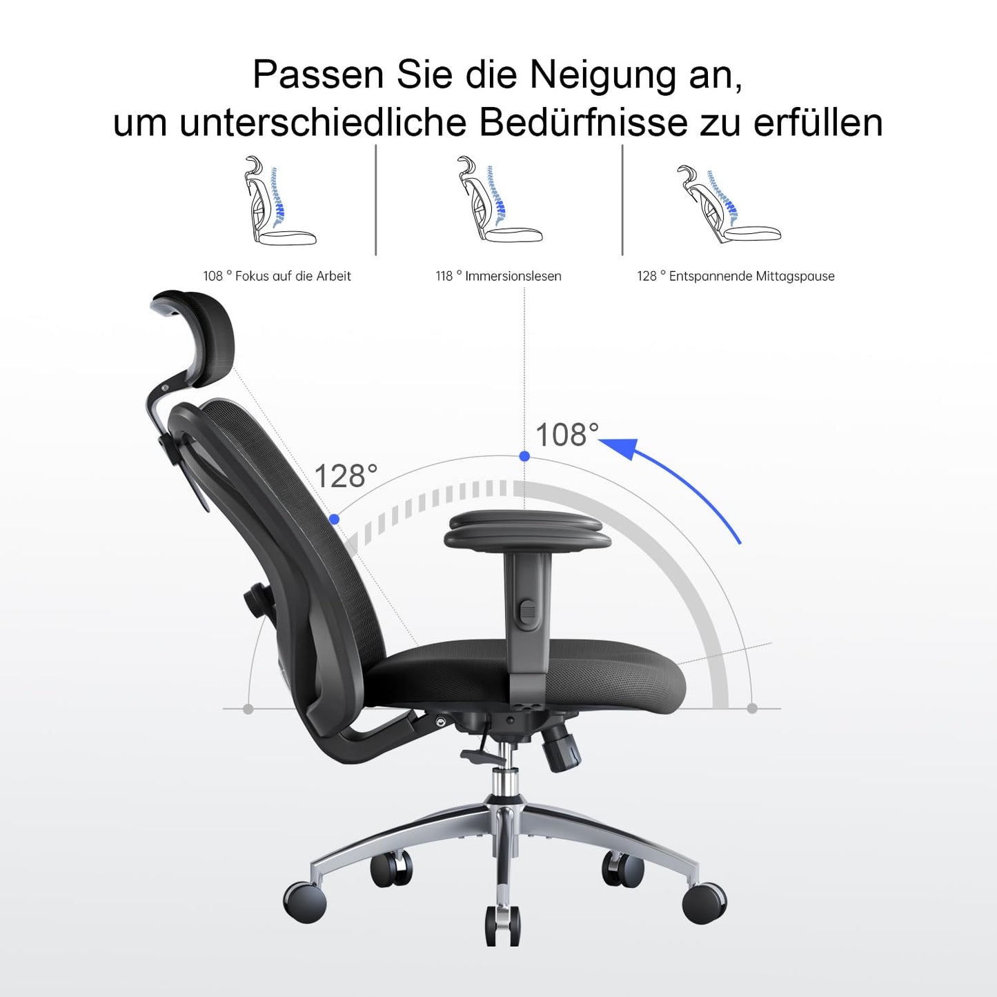 SIHOO Bürostuhl Ergonomischer Schreibtischstuhl, Drehstuhl hat Verstellbarer Lordosenstütze, Kopfstütze und Armlehne, Höhenverstellung und Wippfunktion, Rückenschonend, Bis 150kg/330LB Belastbar