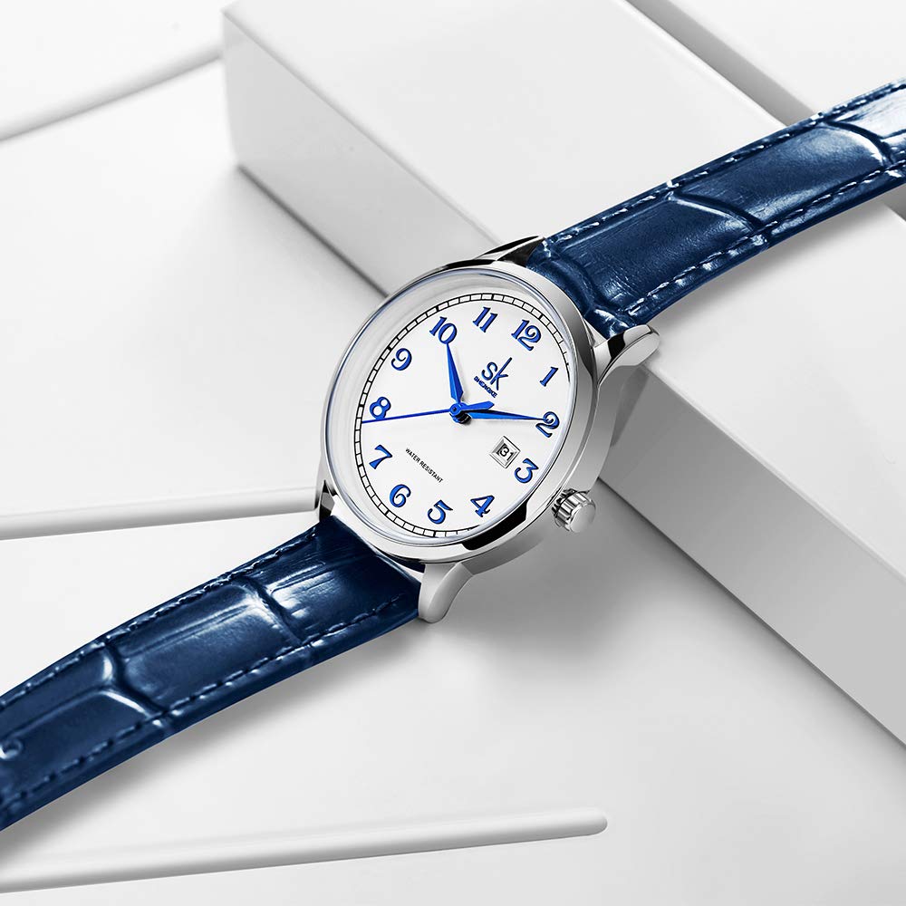 SHENGKE SK Classic Business Women Watches with Stainless Steel Band and Genuine Leather Elegant Ladies Calendar Watch(Arabic Number-Blue Leather)