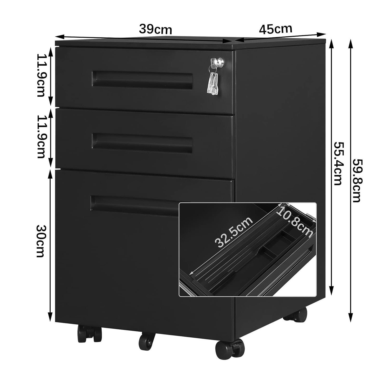 WOLTU Rollcontainer Metall, Mobiler Aktenschrank Büroschrank mit 3 Schubladen Bürocontainer, abschließbares und verstellbares Hängeregister, vormontiert, Büro, Home Office Schwarz SK023sz