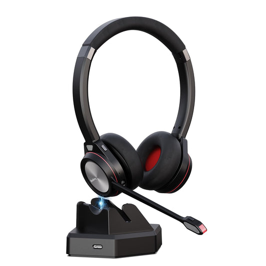 Beebang schwarzes Bluetooth Headset mit Noise-Canceling-Mikrofon, Ladestation und USB-Dongle, ideal für PC, Mac und Teams-Anrufe, auf neutralem Hintergrund.