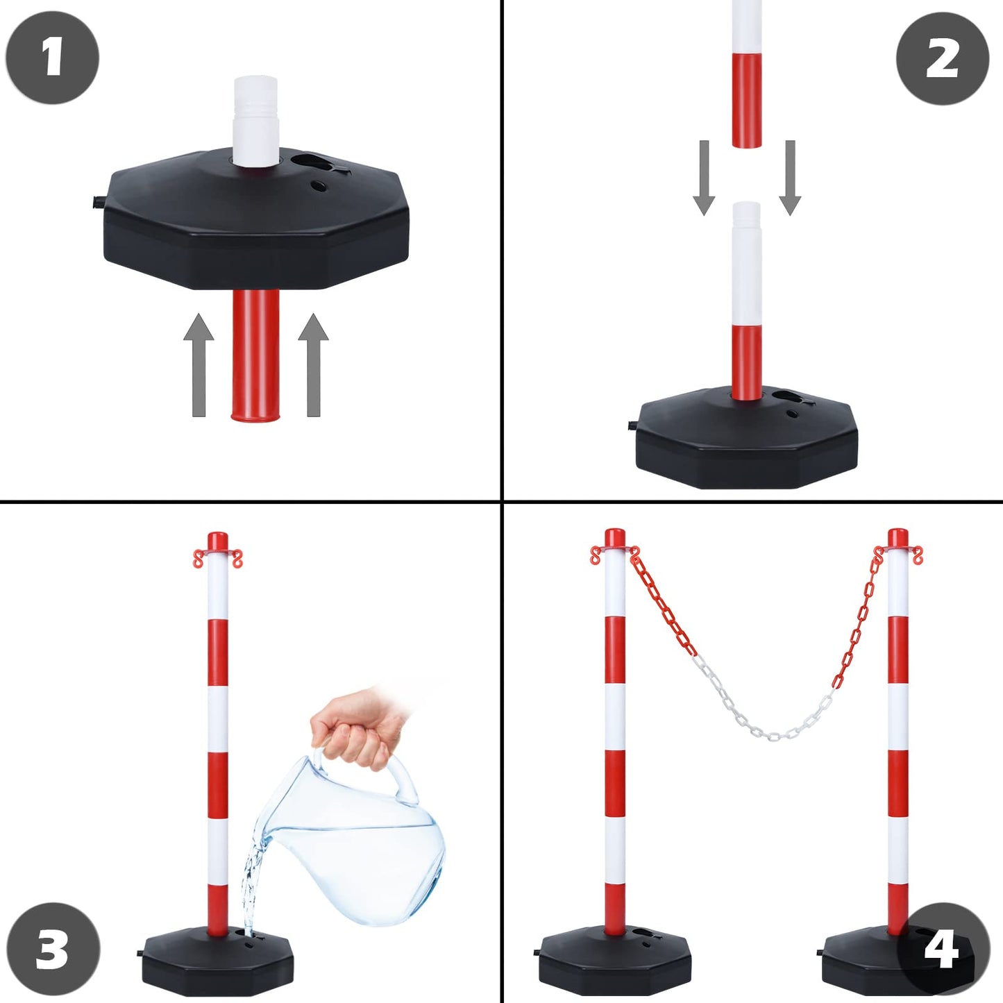 UISEBRT 4 Stück Absperrpfosten Kettenpfosten aus Kunststoff mit 4 Absperrketten von 140cm, Sperrpfosten mit Standfuß 82 x 28 x 28cm, für Verkehrskontrolle Warnung, Rot und Weiß
