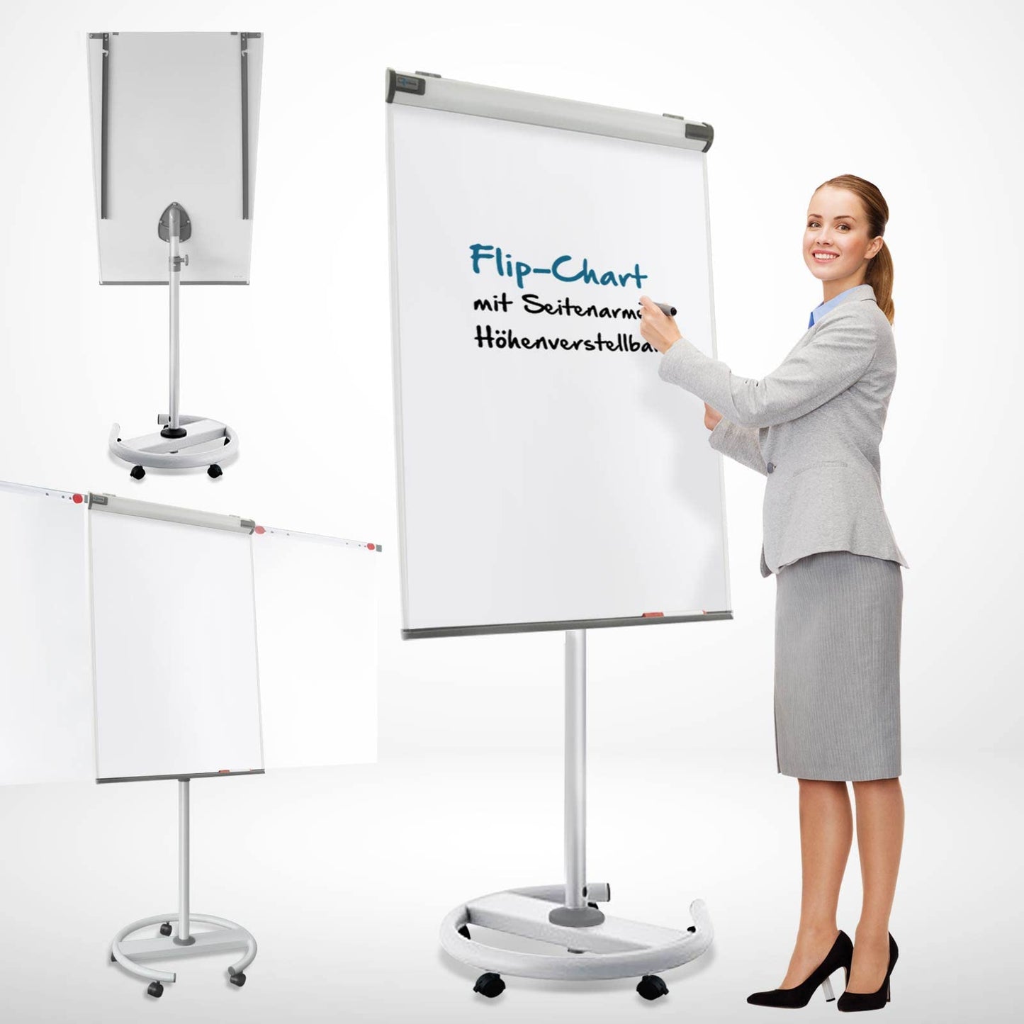 MOB Flipchart Ständer Whiteboard fahrbar mit Rollen Ständer 73x104cm | Höhenverstellbar bis 210cm, Beschreibbar, Trocken abwischbar, magnetisch, Flip Chart mit Magnettafel rollbar & Seitenarmen Shark