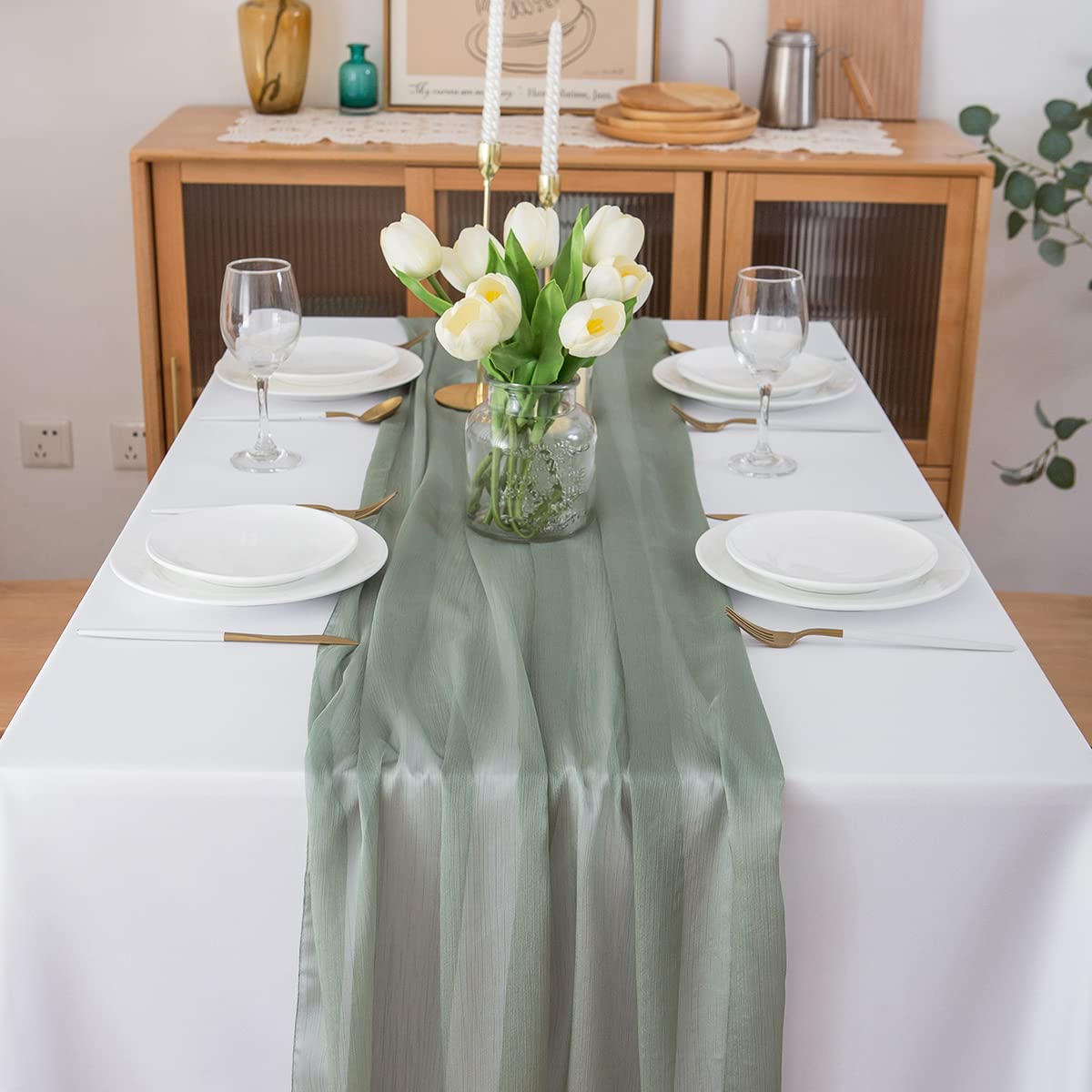 CHUQING Tischläufer Chiffon grün,70 cm x 3m,Salbeigrün Tischläufer Hochzeit Tischdeko Eukalyptus Grün Table Runner,Mintgrün