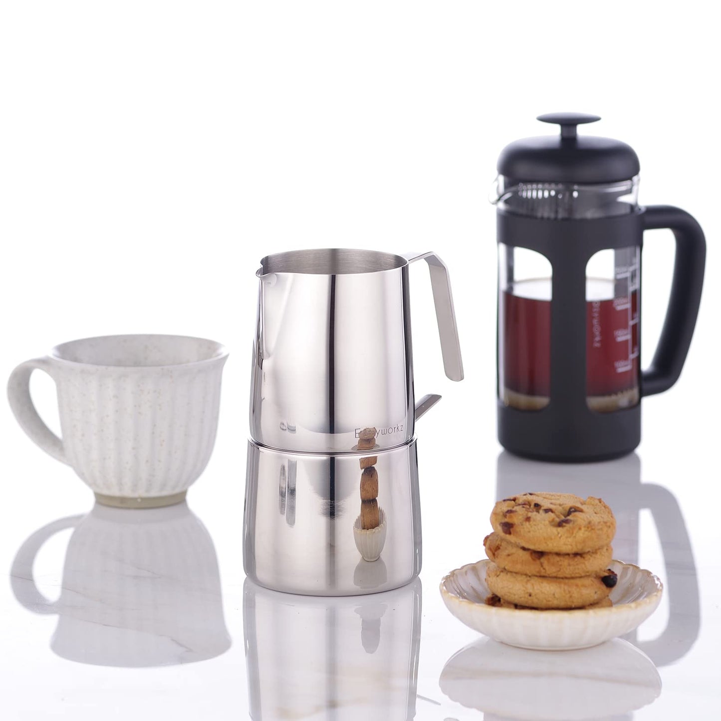 Easyworkz Zuckerdose und Milchkännchen-Set aus Edelstahl, mit Löffel und tropffreiem Ausgießer, stapelbares Design, Chrom