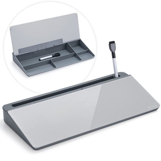 Varhomax Schreibtisch Organizer, Desktop Whiteboard Glas Grau Board Mit Aufbewahrung Abwischbar, To Do Liste, Notizblock und Tastaturständer für Homeoffice, Büro und Schulbedarf