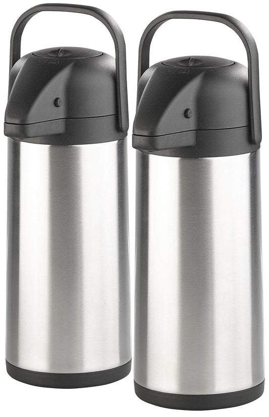 Rosenstein & Söhne Teekanne: 2er-Set doppelwandige Vakuum-Isolierkannen mit Pumpsystem, je 3 l (Edelstahl-Pump-Vakuum-Isolierkanne, Iso-Pumpkanne, Isolierbecher)