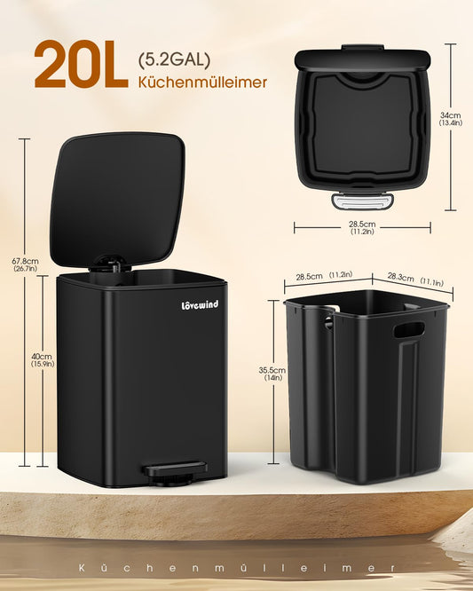 lovewind Küchenabfalleimer, 20L Schwarzer Mülleimer aus Edelstahl mit Pedal, mit Deckel und Inneneimer, Sanft Schließend und Offen Bleibend, Geeignet für Küche, Bad und Wohnzimmer