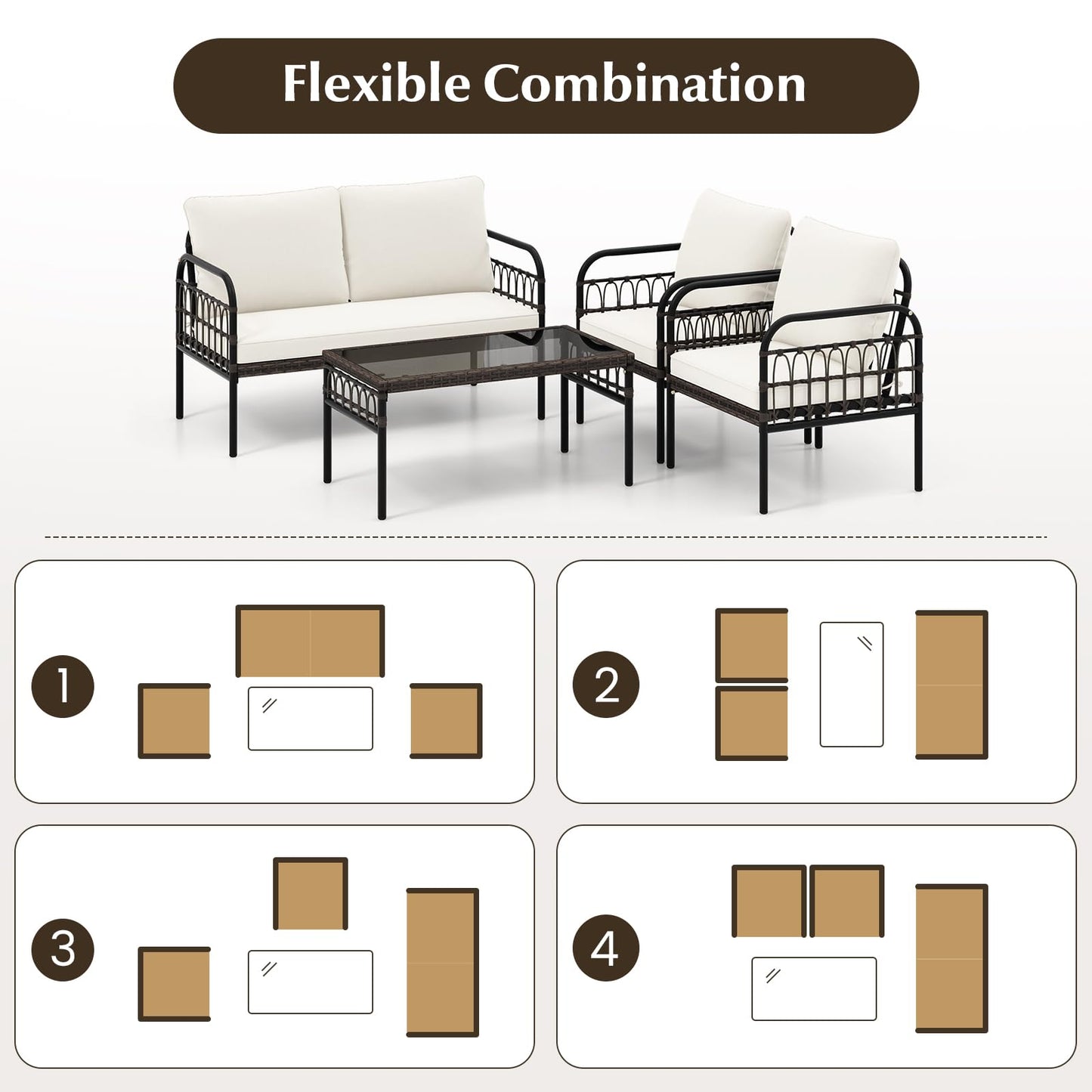 GIANTEX Gartenmöbel Set, Gartenlounge Outdoor Möbelsets, Garten Lounge Set Rattan, Sitzgruppe 4 Personen Tisch 2 Stühle Sitzbank, inkl. Kissen, Balkonmöbel Kleiner Balkon, Gartengarnitur Sitzgruppe