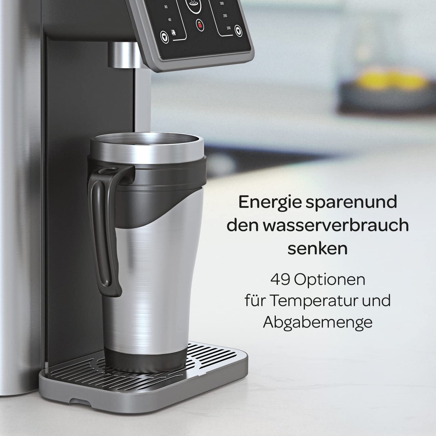 Aqua Optima Aurora Instant-Heißwasserspender, 3,8 Liter Fassungsvermögen, 49 Volumen- und Temperaturoptionen, mit Wasserfilter zur Reduzierung von Mikroplastik Verunreinigungen, Schwarz & Silber