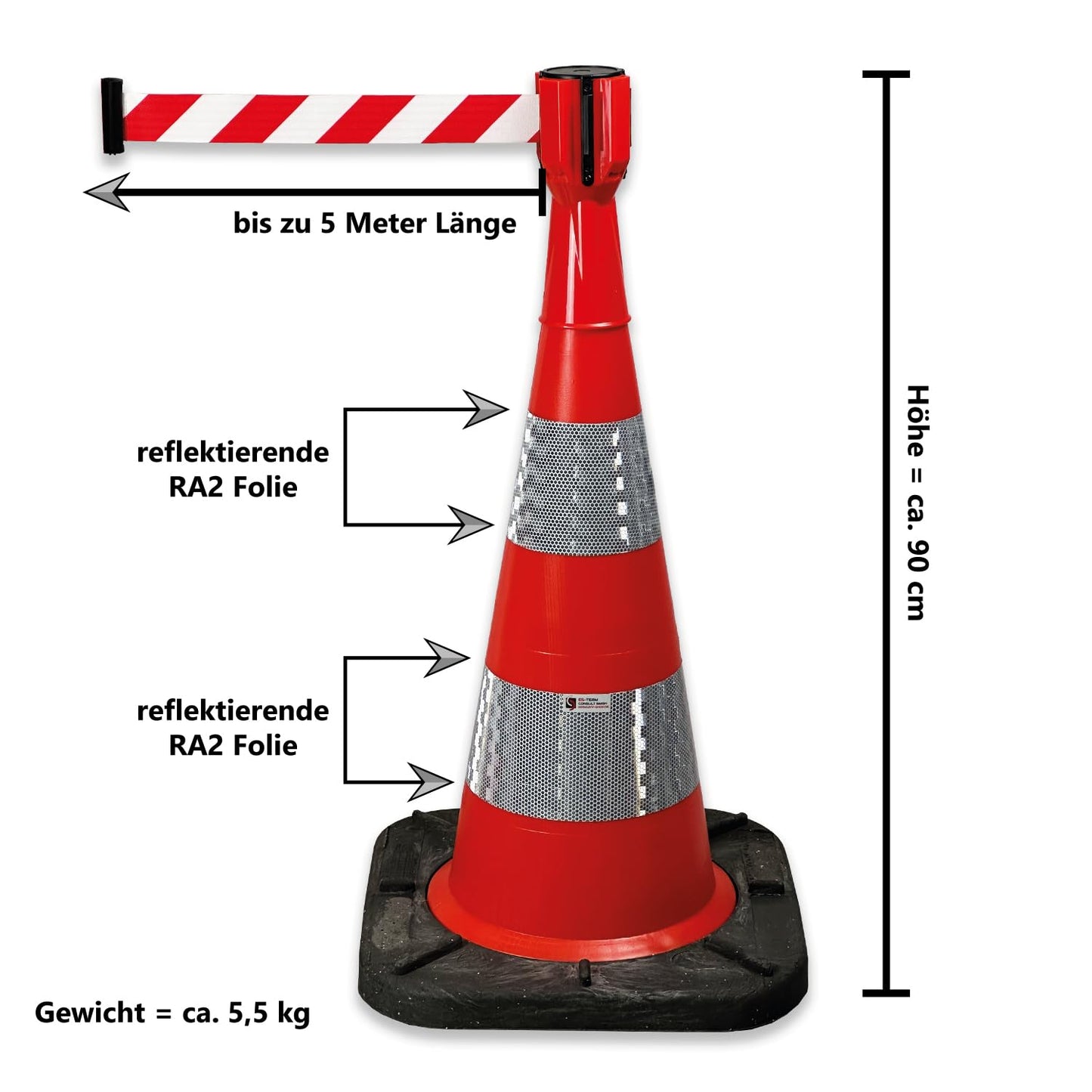 Absperrband, Absperrgurt für Pylonen bis 5 Meter ausziehbar UvV-Conny Kegelaufsatz - Erhältlich in den Farben gelb und rot (Rot mit 5 Meter Gurtband + 1 x 75cm Bigfoot Kegel)