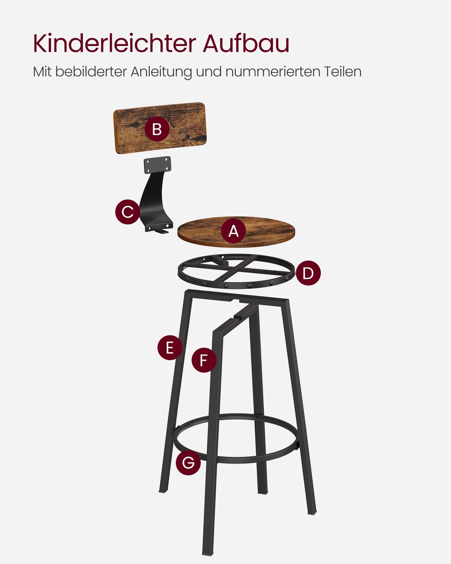 VASAGLE Barhocker, 2er Set, Barstuhl, Küchenstuhl mit Metallgestell, Sitzhöhe 73 cm, einfache Montage, Industrie-Design, vintagebraun-schwarz LBC026B01V1